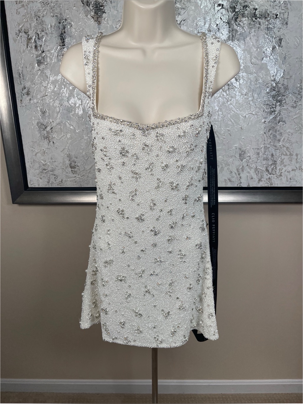 Clio Peppiatt Bridal Crystal Bead Embellished White Wedding Mini Dress Size S — image 4 of 8
